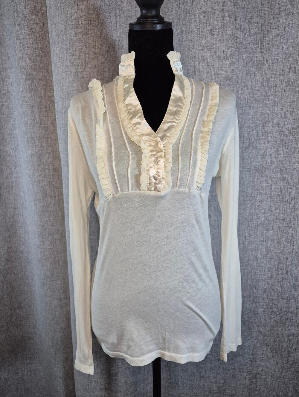 J.Crew Ivory Ruffle Trim Victorian Mock Neck Top Medium 100% Cotton Long Sleeve
